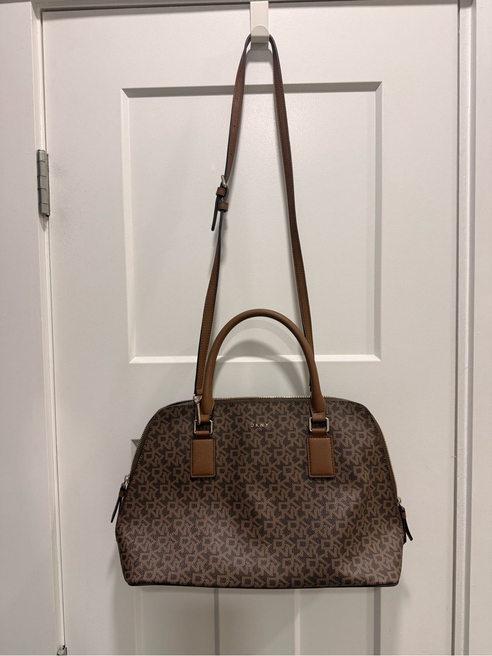 DKNY Brown Monogram Dome Satchel with Tan Trim